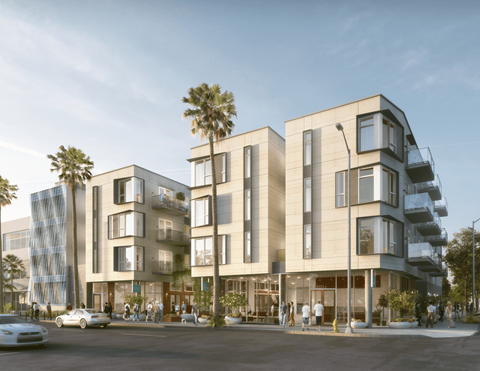 a rendering of three buildings on a street with palm trees